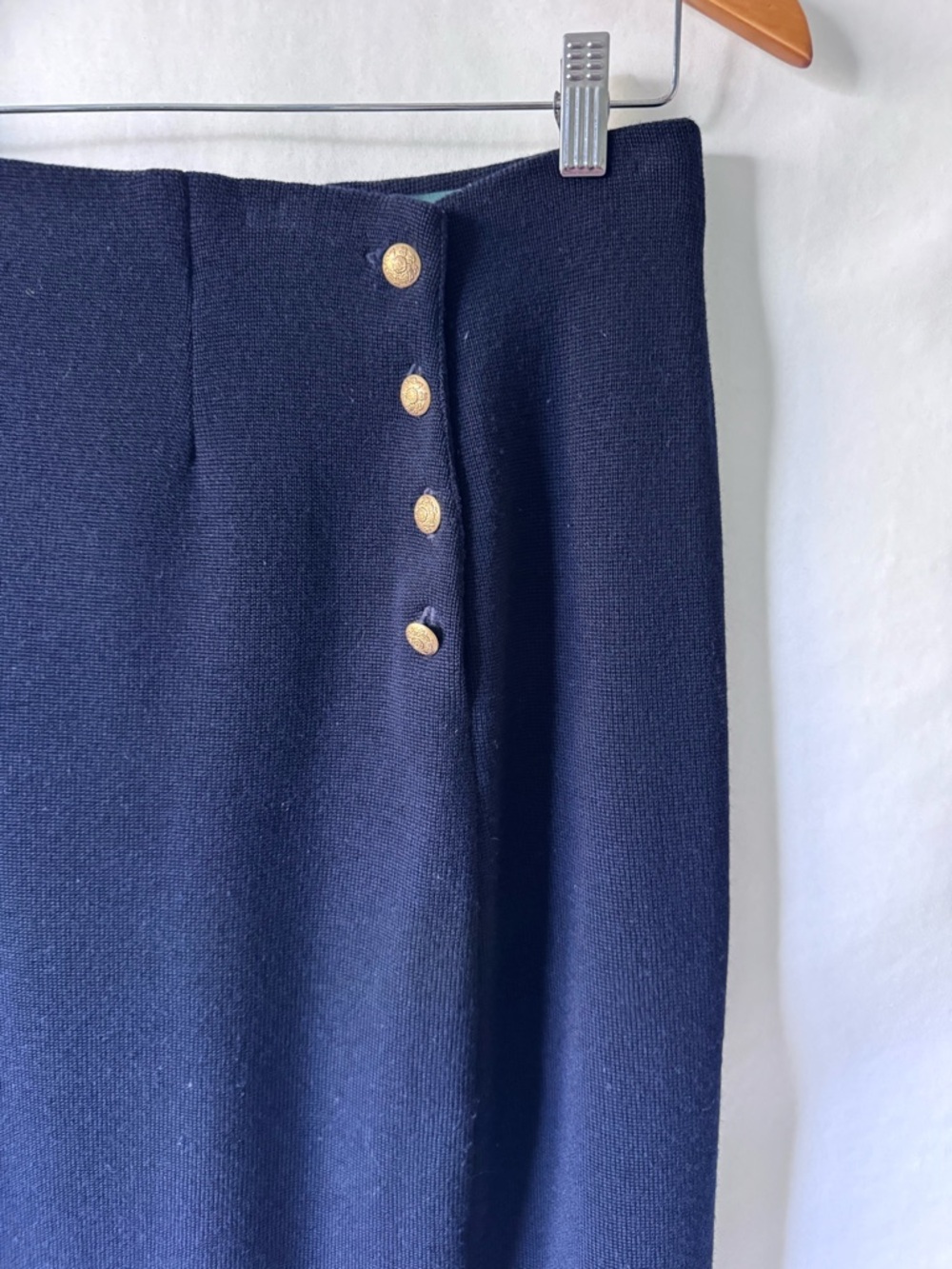 Lauren Ralph Lauren Merino Wool Midi Skirt Navy Gold Button Slit M - Picture 5 of 10